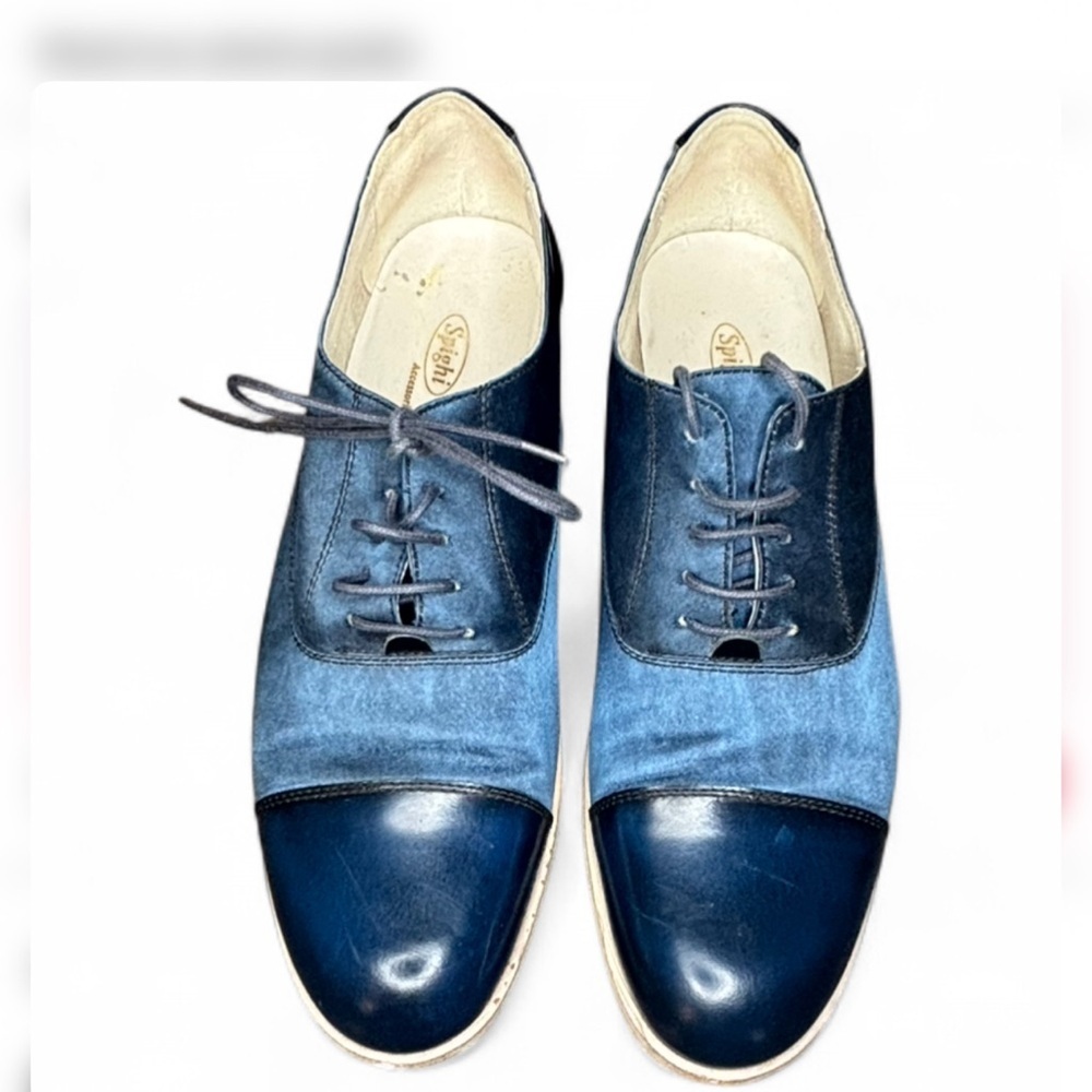 Spighi Made In Italy Blue Leather Oxford Shoes EU 38 Cap Toe Vero Cuoio